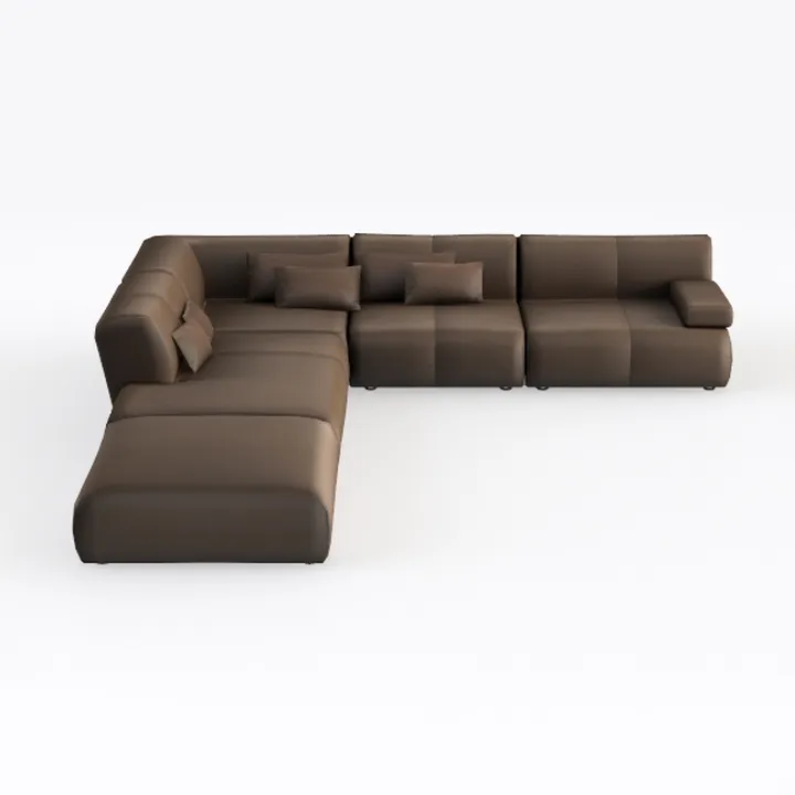 Minimalist Brown Leather L-shaped Sectional Sofa 3D Model