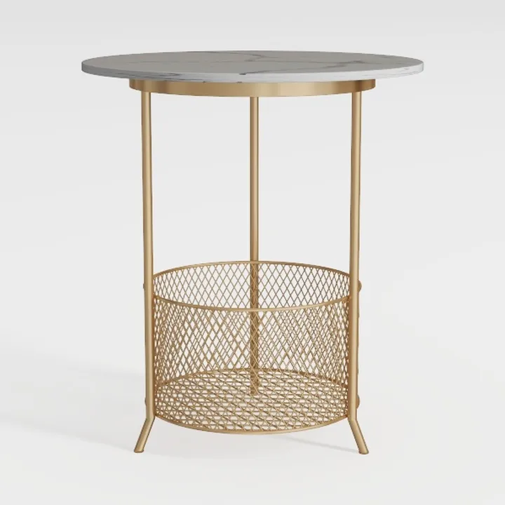Modern Marble Top Gold Metal Side Table With Storage Basket 3D Model