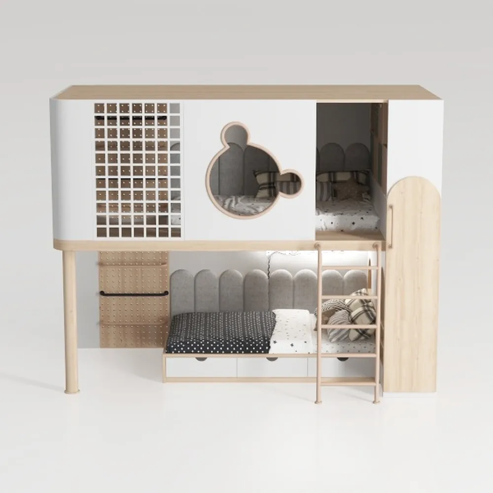 KEIKI Twin Over Twin House Bunk Bed, Pine Floor Be