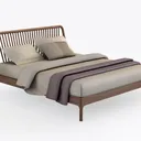 Minimalist Solid Walnut Wood Spindle Headboard Bed 3D Model Right 45 Degree View