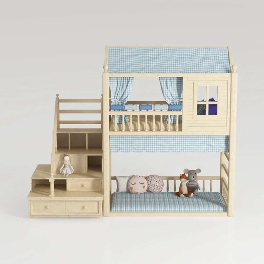 Linique Twin Size Bunk Wood House Bed with Elegant