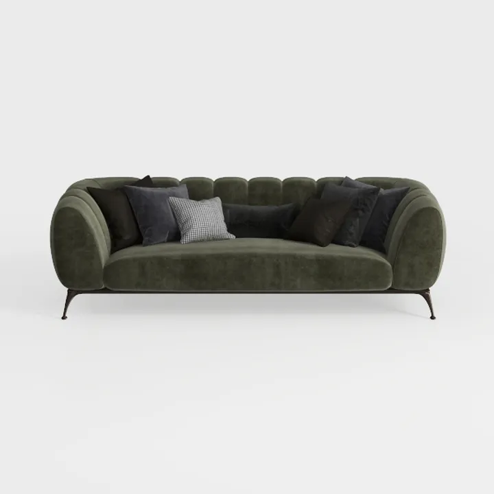 Modern Dark Green Velvet Upholstered Sofa With Decorative Throw Pillows 3D Model
