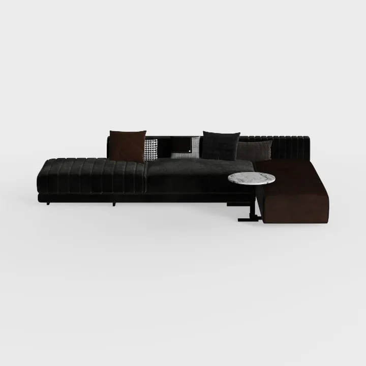 Modern Black Velvet Tufted Sectional Sofa with Side Table 3D Model