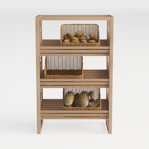 Natural Solid Wood Bakery Display Shelf With Rattan Baskets 3D Model