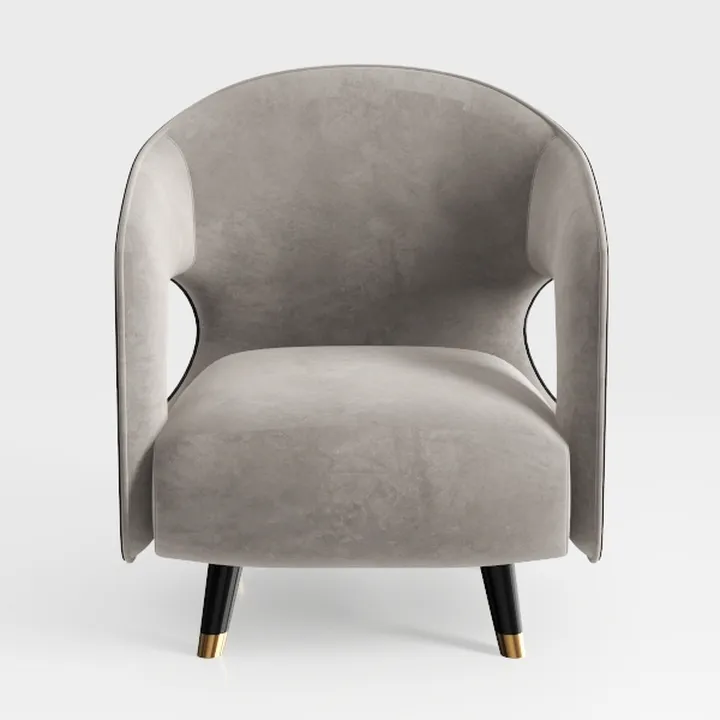Modern Minimalist Grey Velvet Accent Armchair With Gold Tip Black Legs 3D Model