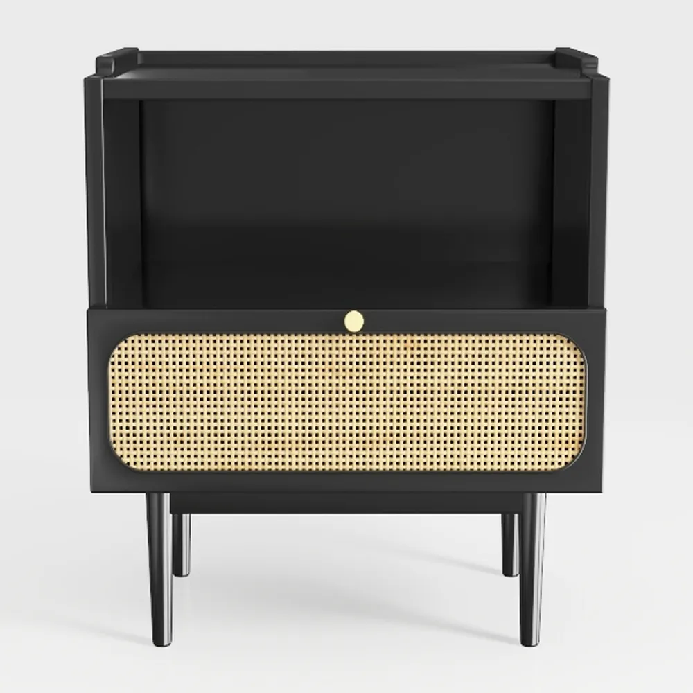 Rattan Night Stand Set 2, Boho Bedside Table Black