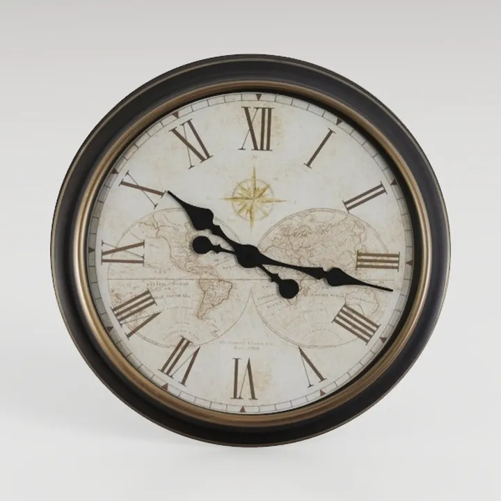 Vintage Brass Trim World Map Roman Numeral Wall Clock 3D Model