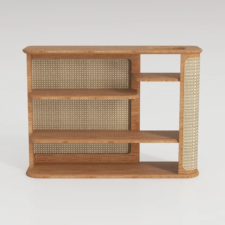 Minimalist Japandi Rattan Solid Wood Bookshelf 3D Model