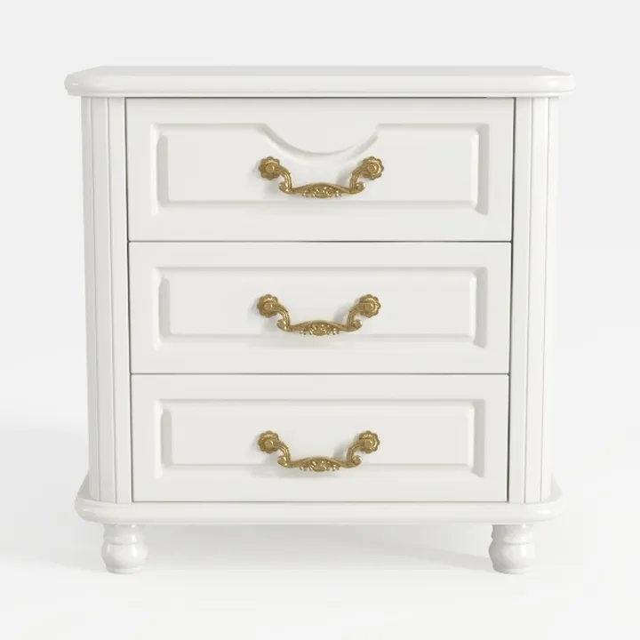 Classic French White Solid Wood 3 Drawer Nightstand 3D Model
