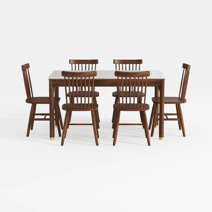 Minimalist Walnut Marble Top Dining Table Set with Windsor Chairs 3D Model