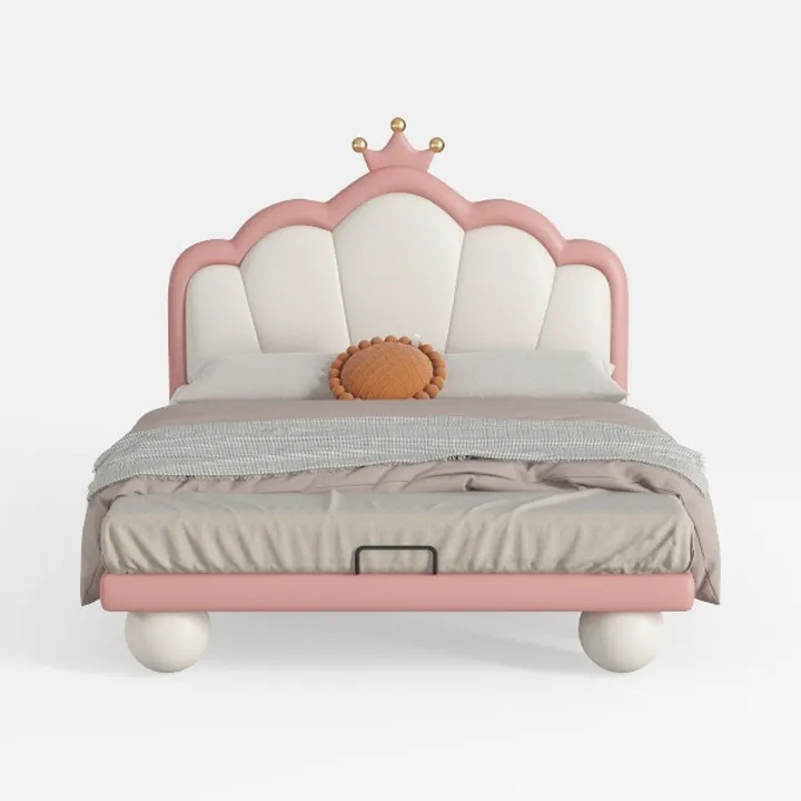 Pink White Princess Style Kids Upholstered Bed 3D Model
