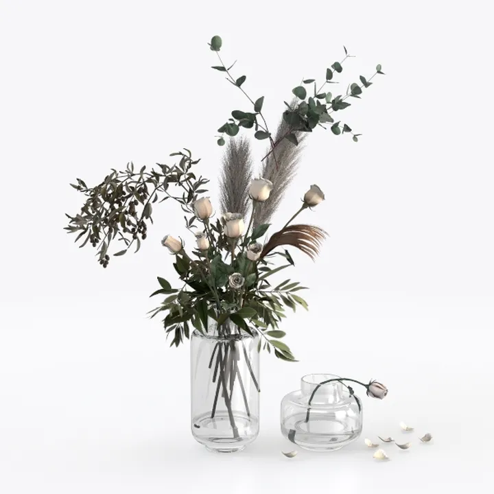 Minimalist Clear Glass Dried Floral Arrangement Vase 3D Model