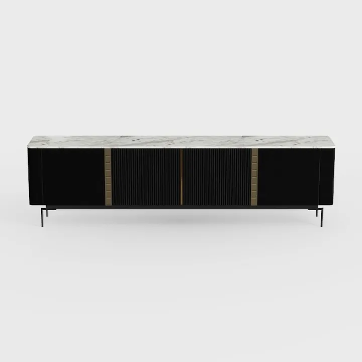 Modern Marble Top Black Metal Frame Fluted Sideboard Cabinet 3D Model