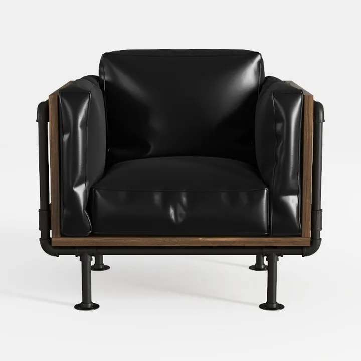 Modern Industrial Black Leather Wood Metal Armchair 3D Model