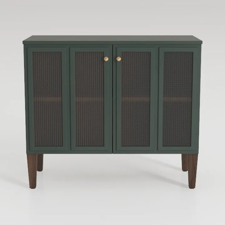 Mid Century Dark Green Cane Solid Wood Sideboard Cabinet 3D Model