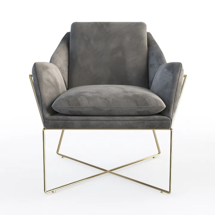 Modern Grey Velvet Gold Metal Frame Armchair 3D Model