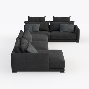 Minimalist Dark Fabric L Shaped Sectional Sofa With Throw Pillows 3D Model