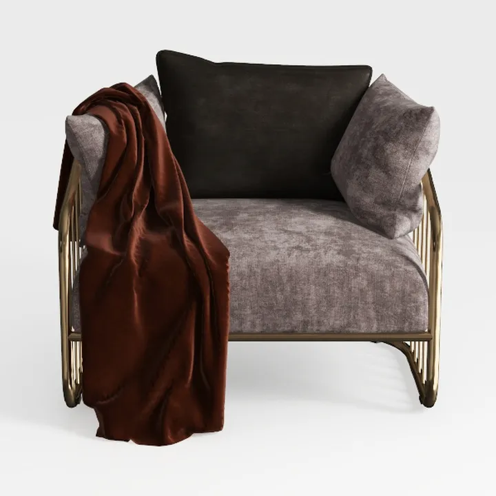 Modern Fabric Gold Metal Frame Armchair With Throw Blanket Cushions 3D Model