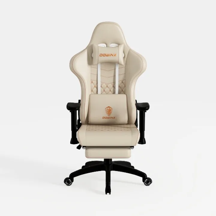 Beige Leather Ergonomic Gaming Chair with Footrest 3D Model