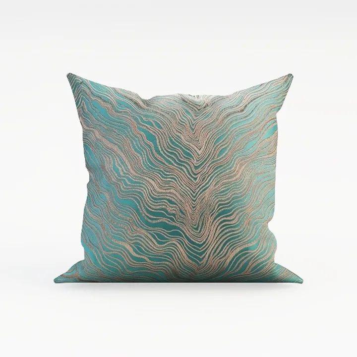 Teal Gold Wavy Pattern Fabric Throw Pillow 3D Model