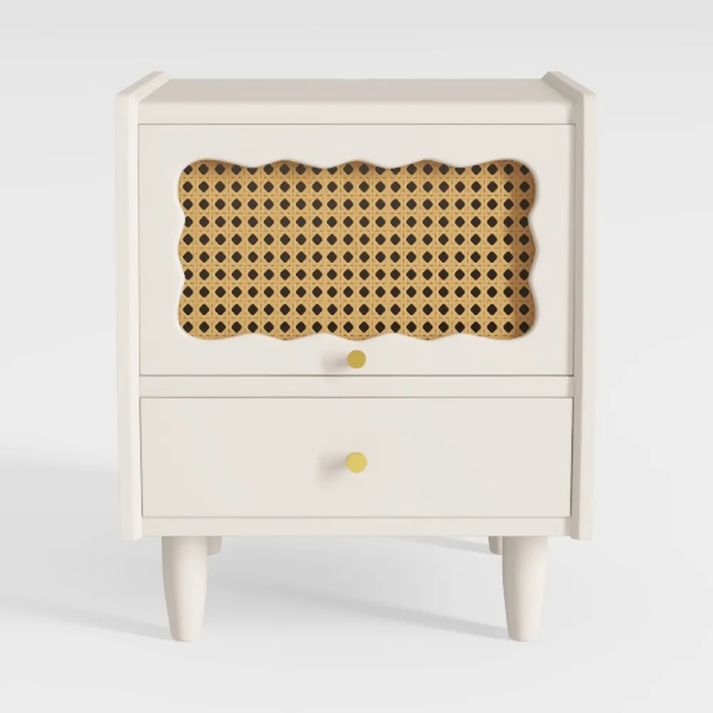 Wooden Nightstand with Rattan-Woven Storage