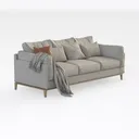 Minimalist Linen Fabric Three Seater Sofa With Throw Pillows And Blanket 3D Model Right 45 Degree View