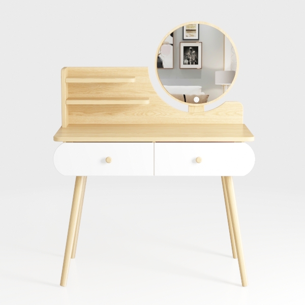 2-Piece White and Natural Makeup Vanity Set with L