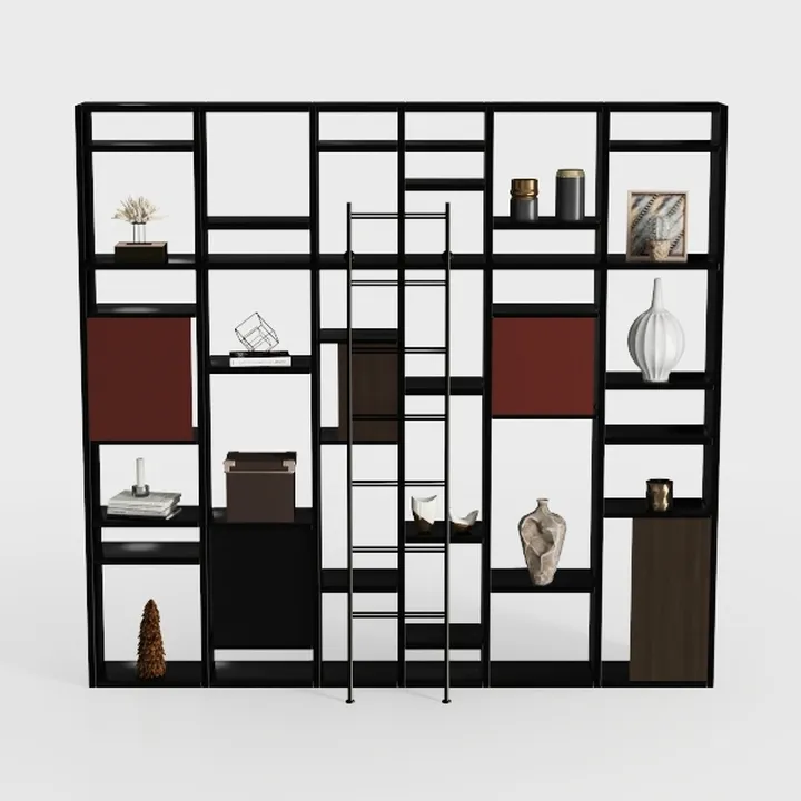 Modern Black Metal Solid Wood Bookshelf with Rolling Ladder 3D Model