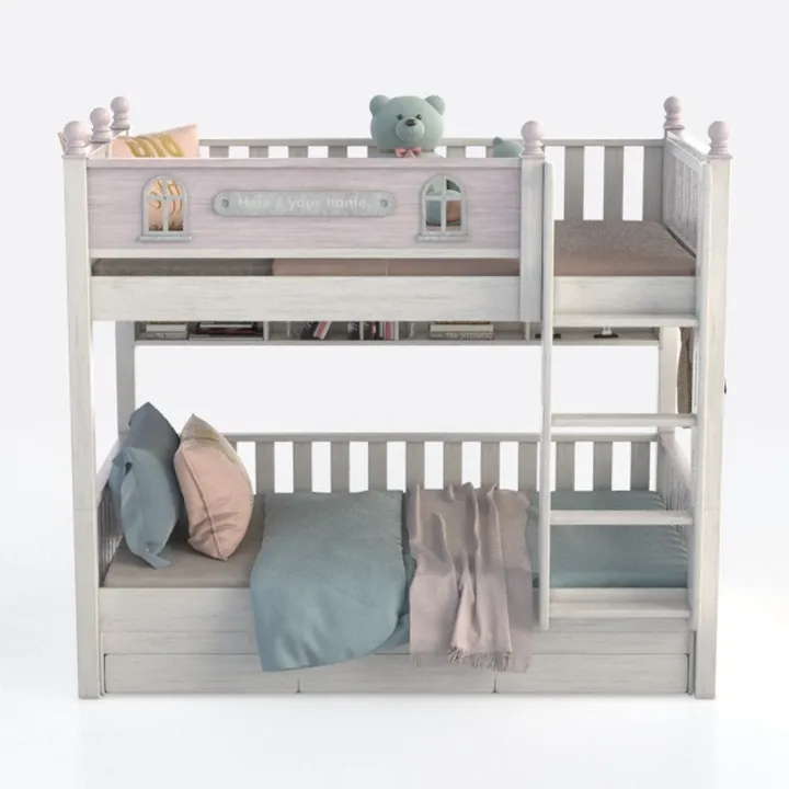 Minimalist Solid Wood Kids Bunk Bed with Storage Shelves 3D Model