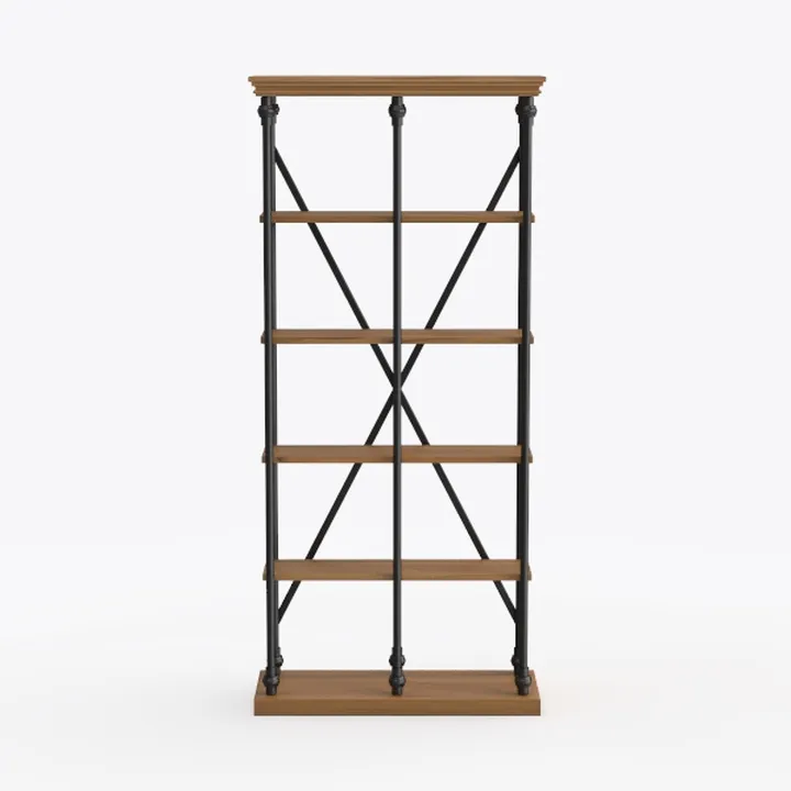Industrial Solid Wood Metal Open Bookshelf 3D Model