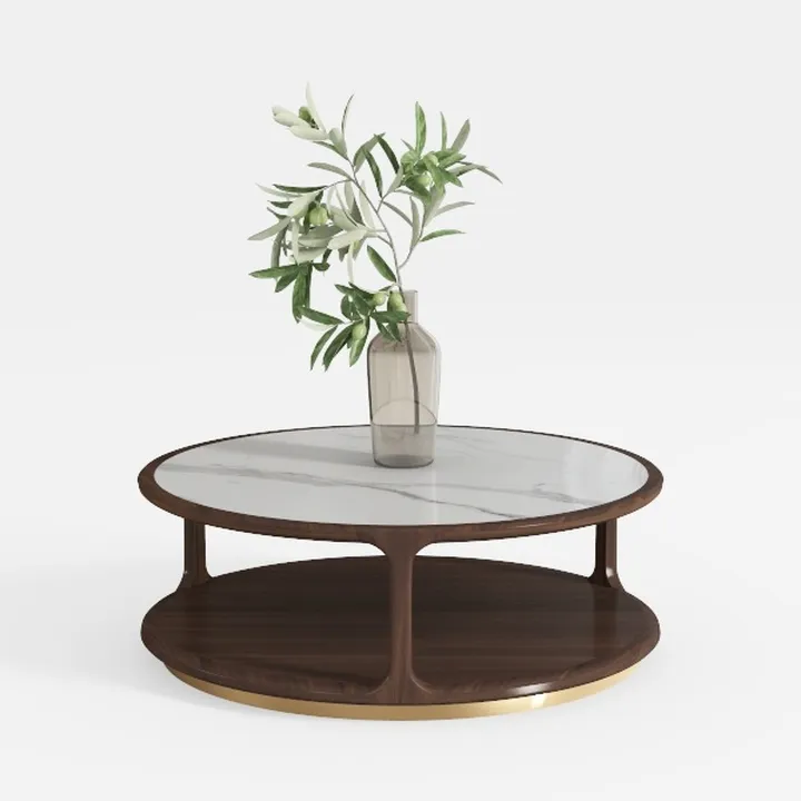 Modern Marble Top Solid Wood Round Coffee Table With Gold Accent 3D Model