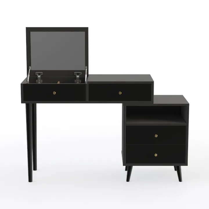 Modern Black Solid Wood Vanity Desk with Flip Top Mirror and Storage Drawers 3D Model