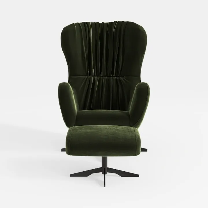 Modern Dark Green Velvet Pleated Wingback Armchair and Ottoman 3D Model