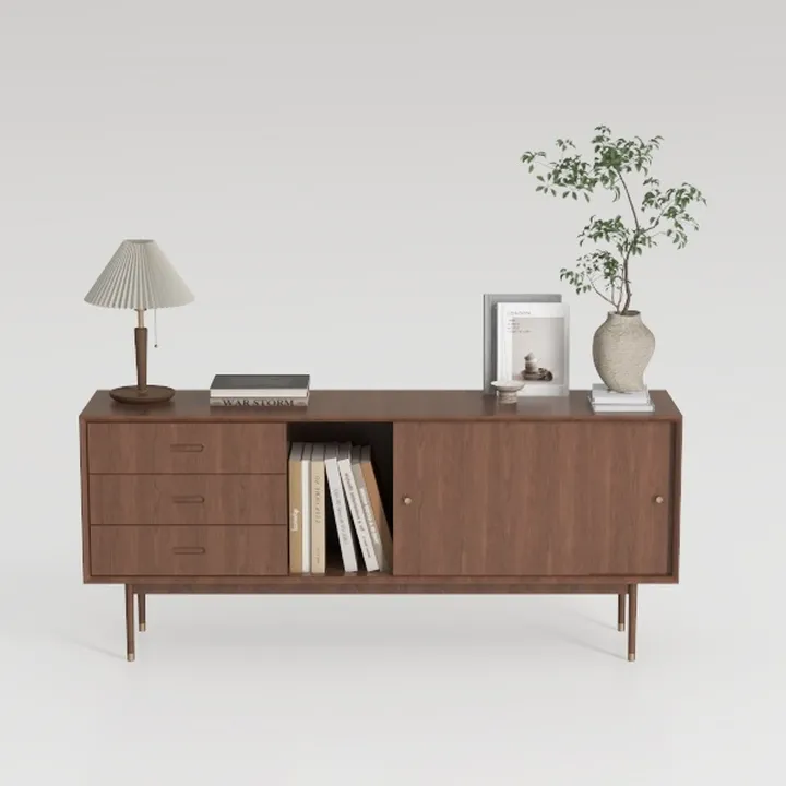 Minimalist Walnut Wood Sideboard Cabinet with Brass Accents 3D Model