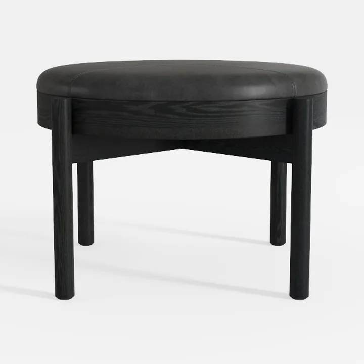 Minimalist Black Leather Solid Wood Round Ottoman 3D Model