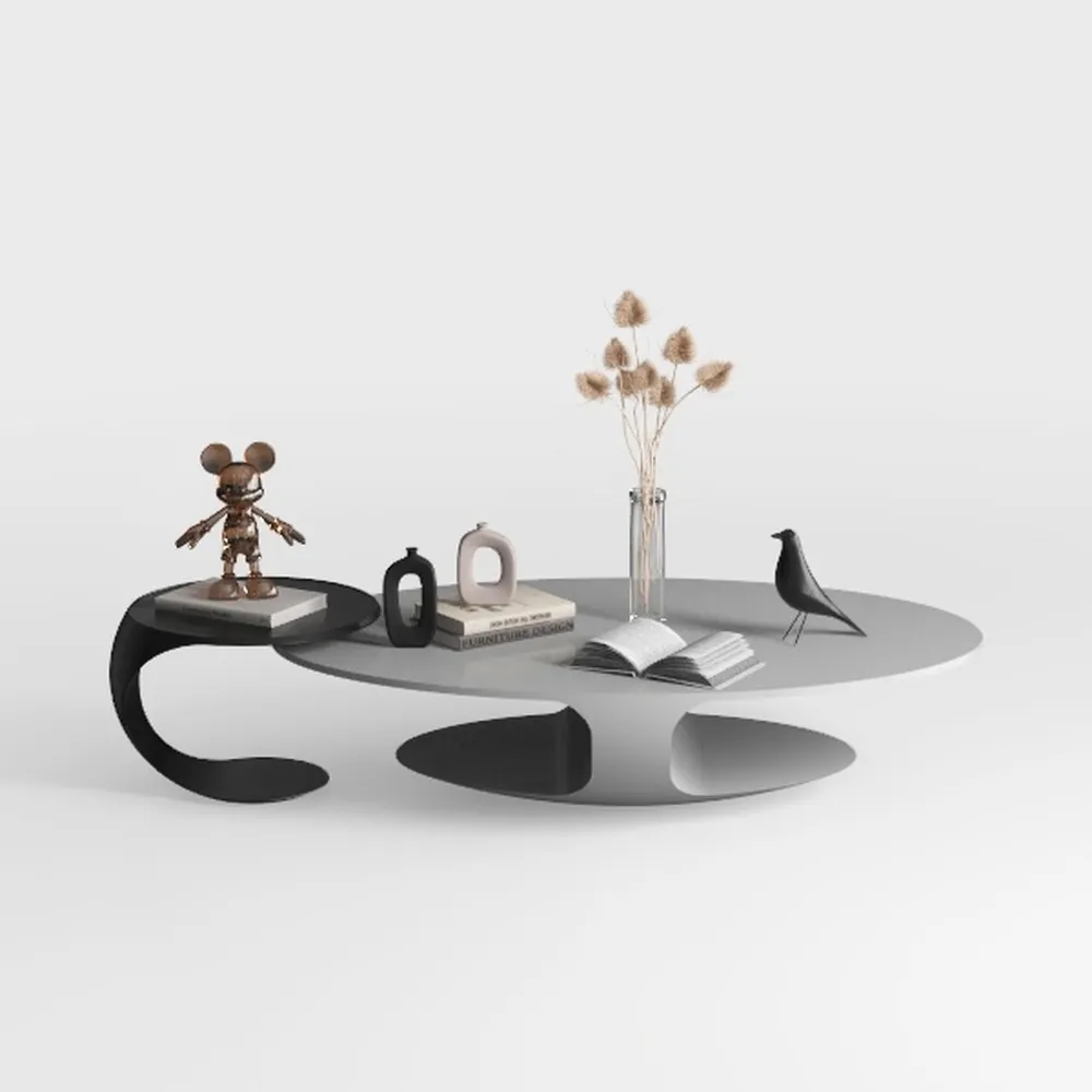 Modern Stone Coffee Table with Abstract Metal Base