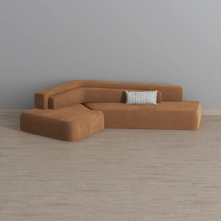 Minimalist Brown Velvet L Shaped Sectional Sofa 3D Model