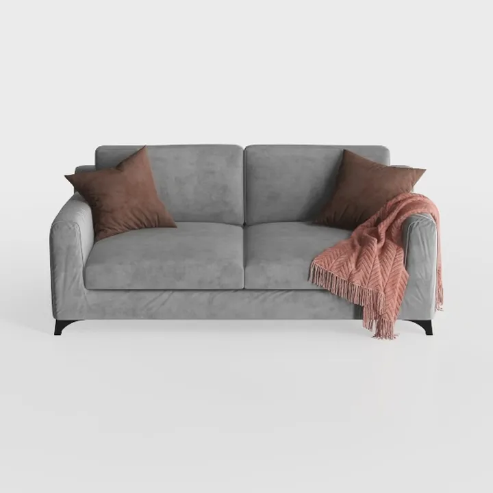 Modern Minimalist Gray Fabric Loveseat Sofa with Throw Pillows and Blanket 3D Model