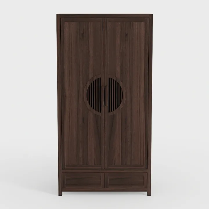 Minimalist Oriental Walnut Wood Wardrobe With Circular Decorative Details 3D Model