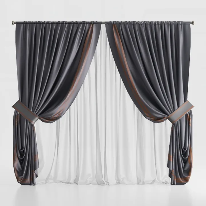 Modern Luxury Fabric Double Layer Curtain With Brown Trim 3D Model