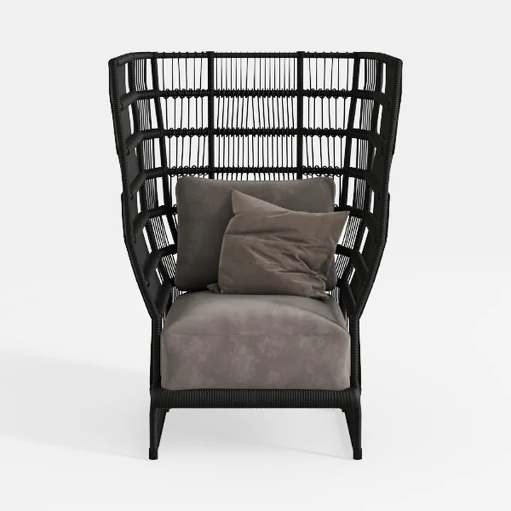 Bohemian Black Rattan Fabric High Back Wing Chair 3D Model