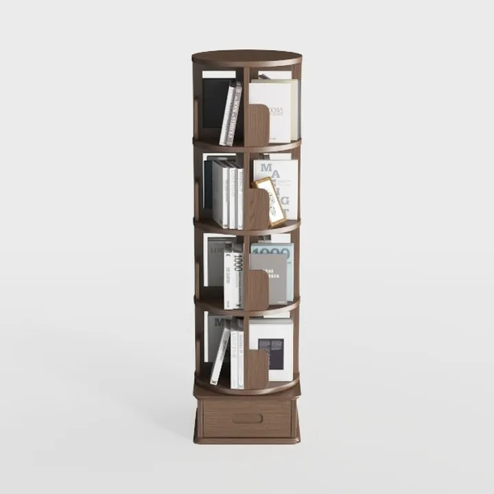 Minimalist Solid Wood Rotating Bookshelf with Storage Drawer 3D Model