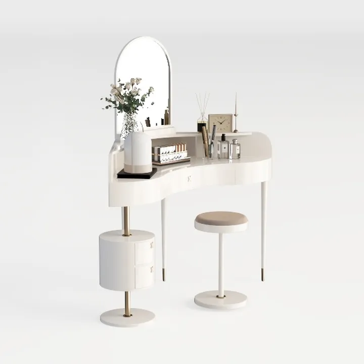 2-Piece Beige Velvet Upholstered Makeup Vanity Set