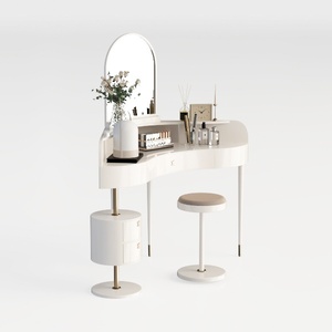 2-Piece Beige Velvet Upholstered Makeup Vanity Set