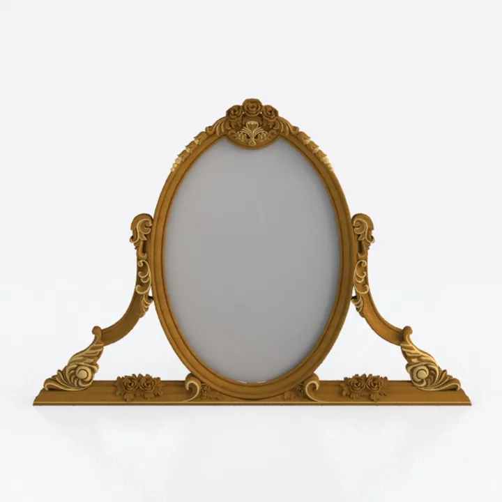 Vintage Carved Solid Wood Oval Tabletop Vanity Mirror 3D Model