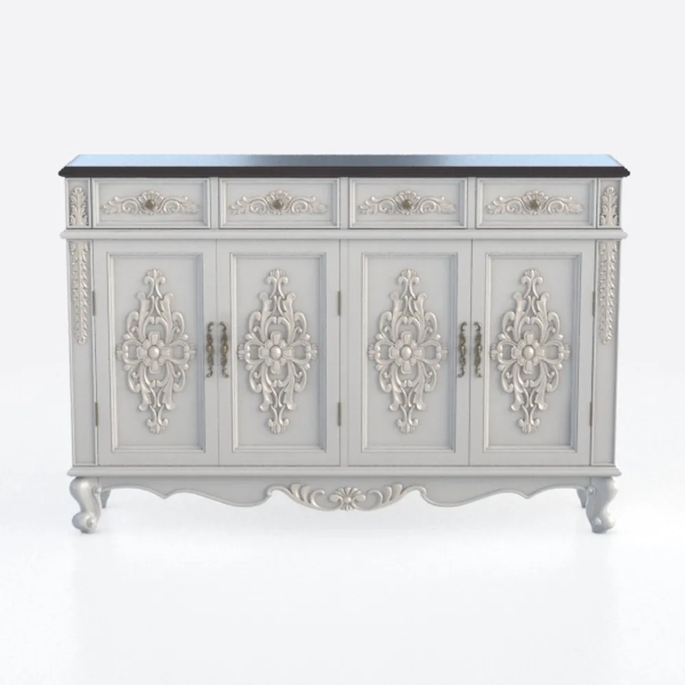 Wide Accent Cabinet with 4 Carved Doors & 2 Drawer