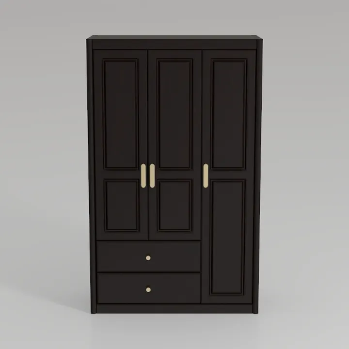 Minimalist Black Solid Wood 3 Door Wardrobe with Drawers 3D Model