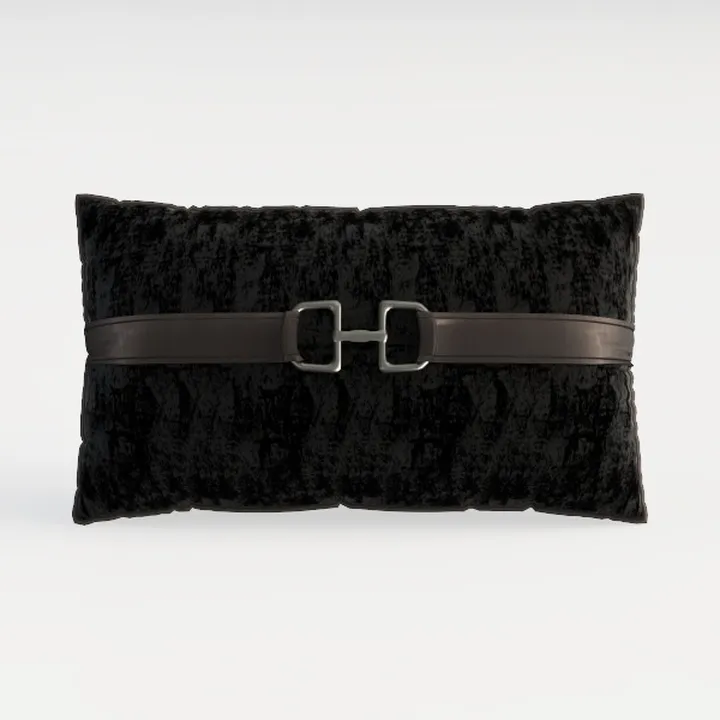 Black Velvet Decorative Lumbar Throw Pillow With Leather Strap Metal Buckle 3D Model