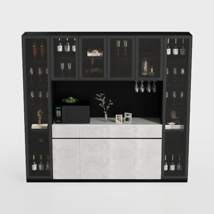 Modern Black Solid Wood Marble Top Bar Cabinet 3D Model