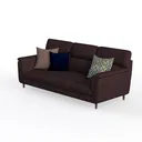 Modern Dark Brown Fabric 3 Seater Sofa With Decorative Throw Pillows 3D Model Left 45 Degree View